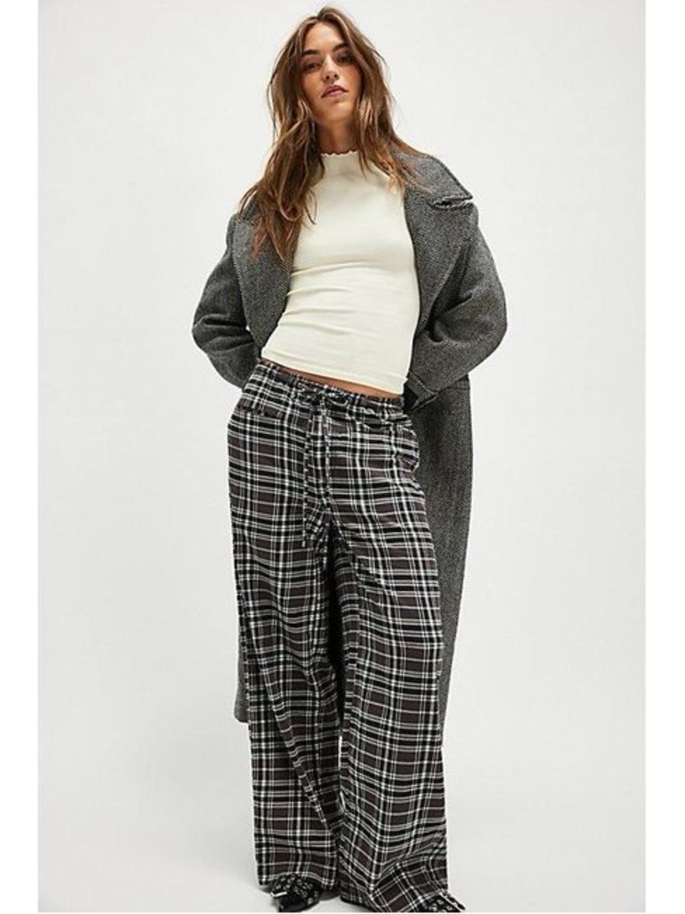 Free People Hudson Canyon Black & White Plaid Wide-Leg Drawstring Pants XL